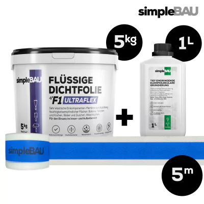 DICHT-SET: simpleBAU FLÜSSIGE DICHTFOLIE F1 ULTRAFLEX 5KG + TIEFENGRUND 1L + DICHTBAND 5M flüssigfolie, duschabdichtung set, duschabdichtung, abdichtung dusche, flüssigfolie dusche, dichtband dusche