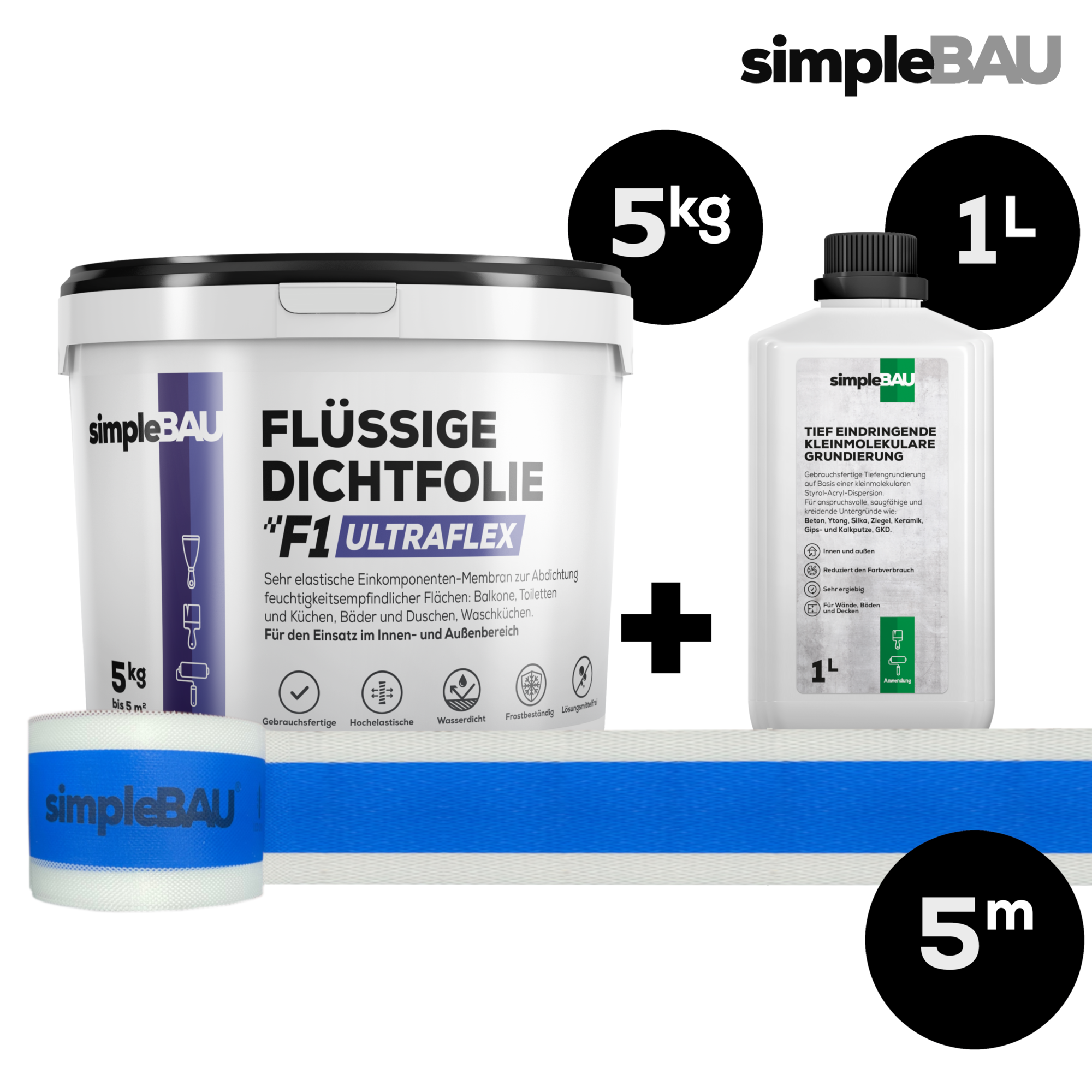 FLÜSSIGE DICHTFOLIE F1 ULTRAFLEX 5KG + TF 1L + DICHTBAND 5M