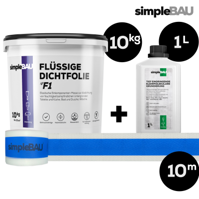 DICHT-SET: simpleBAU FLÜSSIGE DICHTFOLIE F1 + TIEFENGRUND 1L + DICHTBAND flüssigfolie, duschabdichtung set, duschabdichtung, abdichtung dusche, flüssigfolie dusche, dichtband dusche