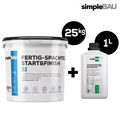 FERTIG-SPACHTEL START&FINISH S1 25KG + TIEFENGRUND 1L spachtelmasse, fertigspachtel weiß innen, spachtelmasse weiß, spachtelmasse weiß innen, gips, reparaturspachtel