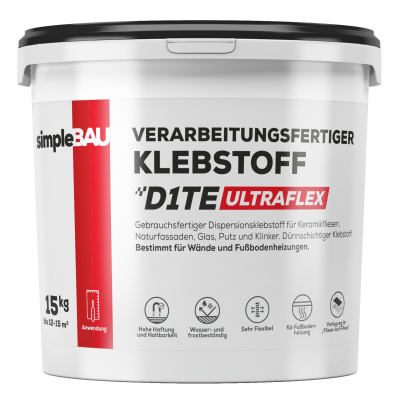 simpleBAU Verarbeitungsfertiger KLEBSTOFF D1TE simpleBAU fliesenkleber, fliesenkleber fertig innen, fliesenkleber flex, flexkleber, fliesenkleber 1kg, fließenkleber, styroporkleber D1TE