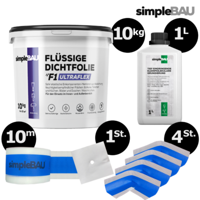 DICHT-SET: simpleBAU FLÜSSIGE DICHTFOLIE F1 ULTRAFLEX 5KG + TIEFENGRUND 1L + DICHTBAND 5M flüssigfolie, duschabdichtung set, duschabdichtung, abdichtung dusche, flüssigfolie dusche, dichtband dusche