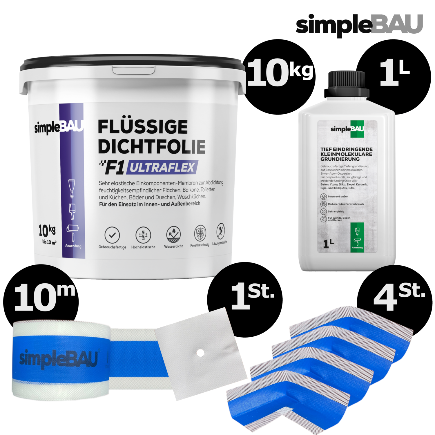 FLÜSSIGE DICHTFOLIE F1 ULTRAFLEX 10KG+TF 1L+DICHTBAND 10M+4INN+1WAN