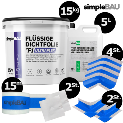 DICHT-SET: simpleBAU FLÜSSIGE DICHTFOLIE F1 ULTRAFLEX 5KG + TIEFENGRUND 1L + DICHTBAND 5M flüssigfolie, duschabdichtung set, duschabdichtung, abdichtung dusche, flüssigfolie dusche, dichtband dusche