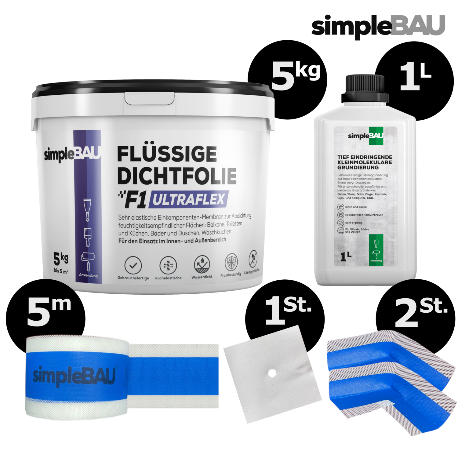 FLÜSSIGE DICHTFOLIE F1 ULTRAFLEX 5KG+TF 1L+DICHTBAND 5M+2INN+1WAN