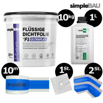 DICHT-SET: simpleBAU FLÜSSIGE DICHTFOLIE F1 ULTRAFLEX 5KG + TIEFENGRUND 1L + DICHTBAND 5M flüssigfolie, duschabdichtung set, duschabdichtung, abdichtung dusche, flüssigfolie dusche, dichtband dusche