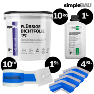 DICHT-SET: simpleBAU FLÜSSIGE DICHTFOLIE F1 + Tief eindringende, kleinmolekulare Grundierung + Dichtband + Innenecken + Wandmanschetten flüssigfolie, duschabdichtung set, duschabdichtung, abdichtung dusche, flüssigfolie dusche, dichtband dusche