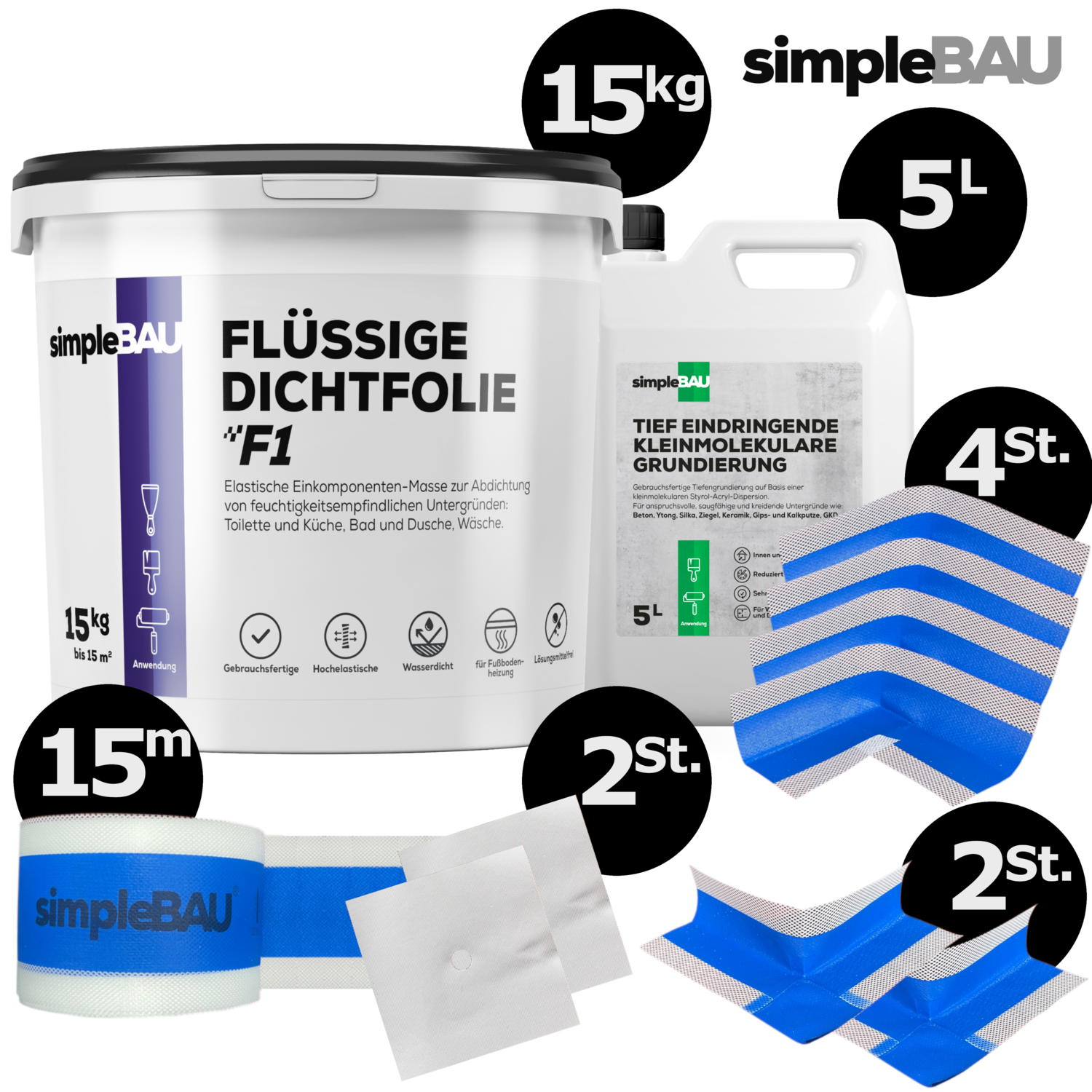 FLÜSSIGE DICHTFOLIE F1 15KG+TF 5L+DICHTBAND 15M+4 INN+2 AU+2 WAN